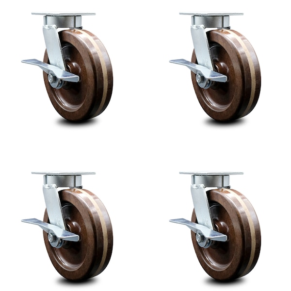 8 Inch Kingpinless High Temp Phenolic Wheel Swivel Caster Set with Brakes SCC